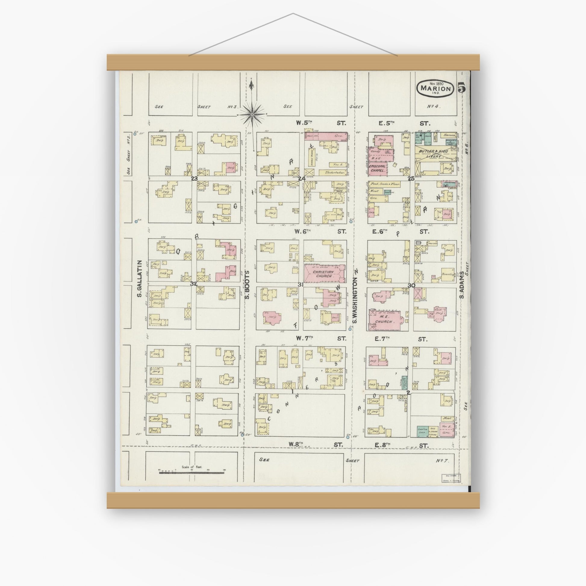 Old map wall art mockup — magnetic wood frame on white wall — Sanborn Fire Insurance Map from Marion, Grant County, Indiana (1890), Sheet #0005
