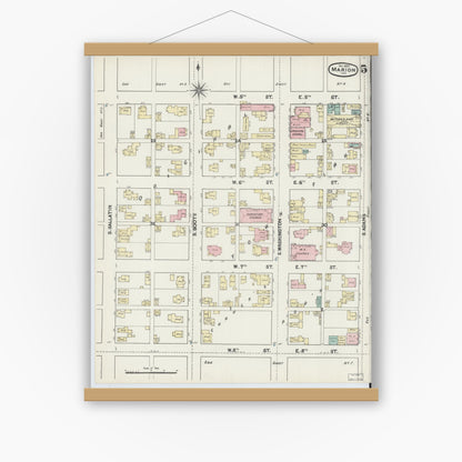 Old map wall art mockup — magnetic wood frame on white wall — Sanborn Fire Insurance Map from Marion, Grant County, Indiana (1890), Sheet #0005
