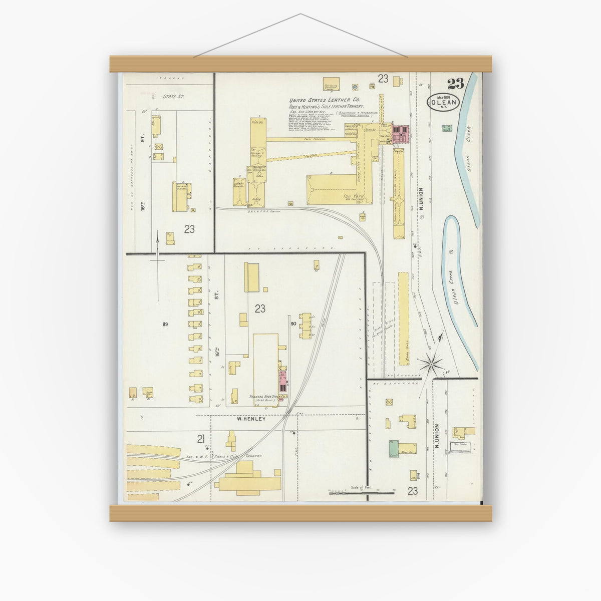 Old map wall art mockup — magnetic wood frame on white wall — Sanborn Fire Insurance Map from Olean, Cattaraugus County, New York (1898), Sheet #0023