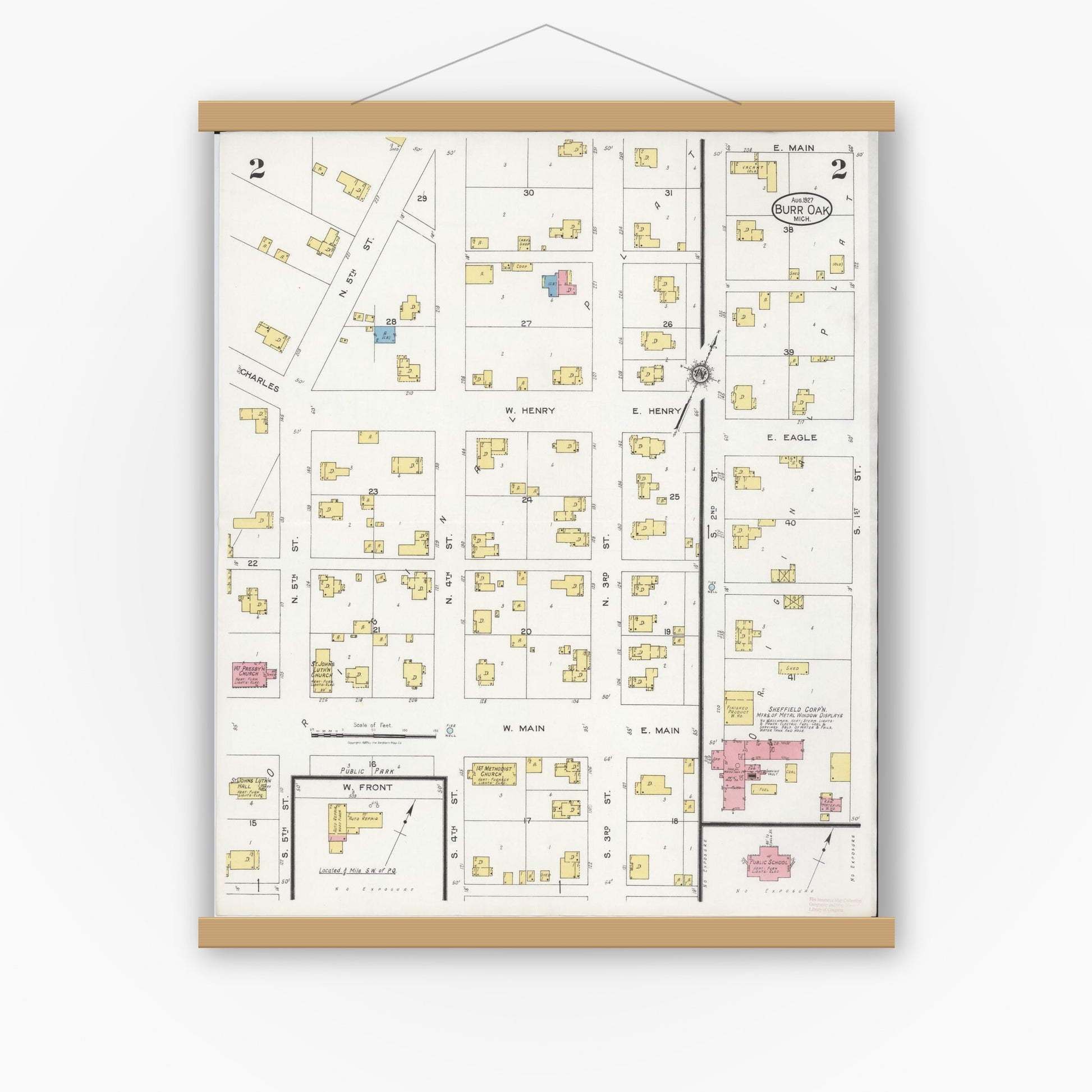 Old map wall art mockup — magnetic wood frame on white wall — Sanborn Fire Insurance Map from Burr Oak, Saint Joseph County, Michigan (1927), Sheet #0002