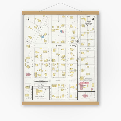Old map wall art mockup — magnetic wood frame on white wall — Sanborn Fire Insurance Map from Burr Oak, Saint Joseph County, Michigan (1927), Sheet #0002