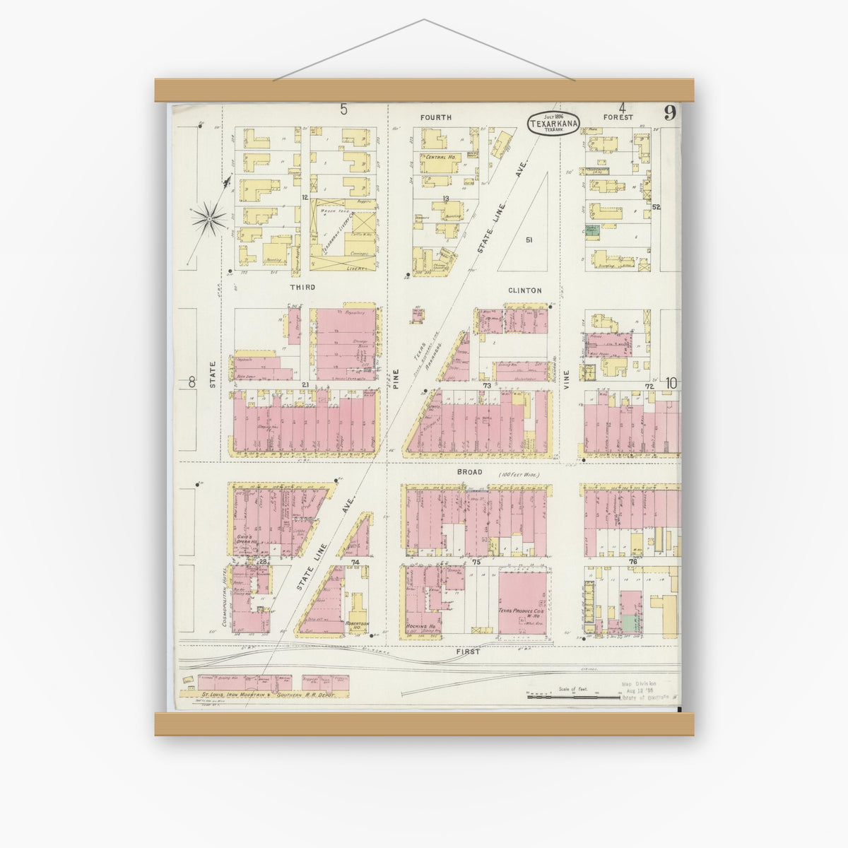 Old map wall art mockup — magnetic wood frame on white wall — Sanborn Fire Insurance Map from Texarkana, Bowie County, Texas (1896), Sheet #0009