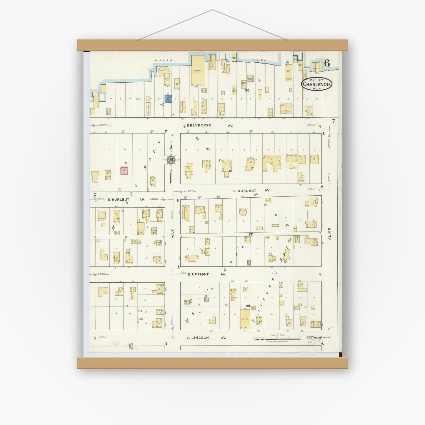 Old map wall art mockup — magnetic wood frame on white wall — Sanborn Fire Insurance Map from Charlevoix, Charlevoix County, Michigan (1917), Sheet #0006