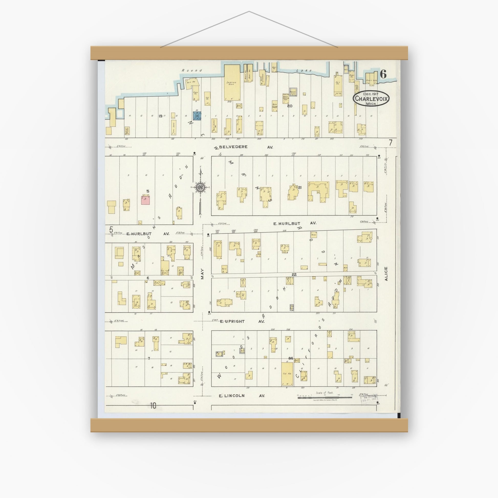 Old map wall art mockup — magnetic wood frame on white wall — Sanborn Fire Insurance Map from Charlevoix, Charlevoix County, Michigan (1917), Sheet #0006