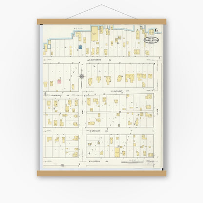 Old map wall art mockup — magnetic wood frame on white wall — Sanborn Fire Insurance Map from Charlevoix, Charlevoix County, Michigan (1917), Sheet #0006