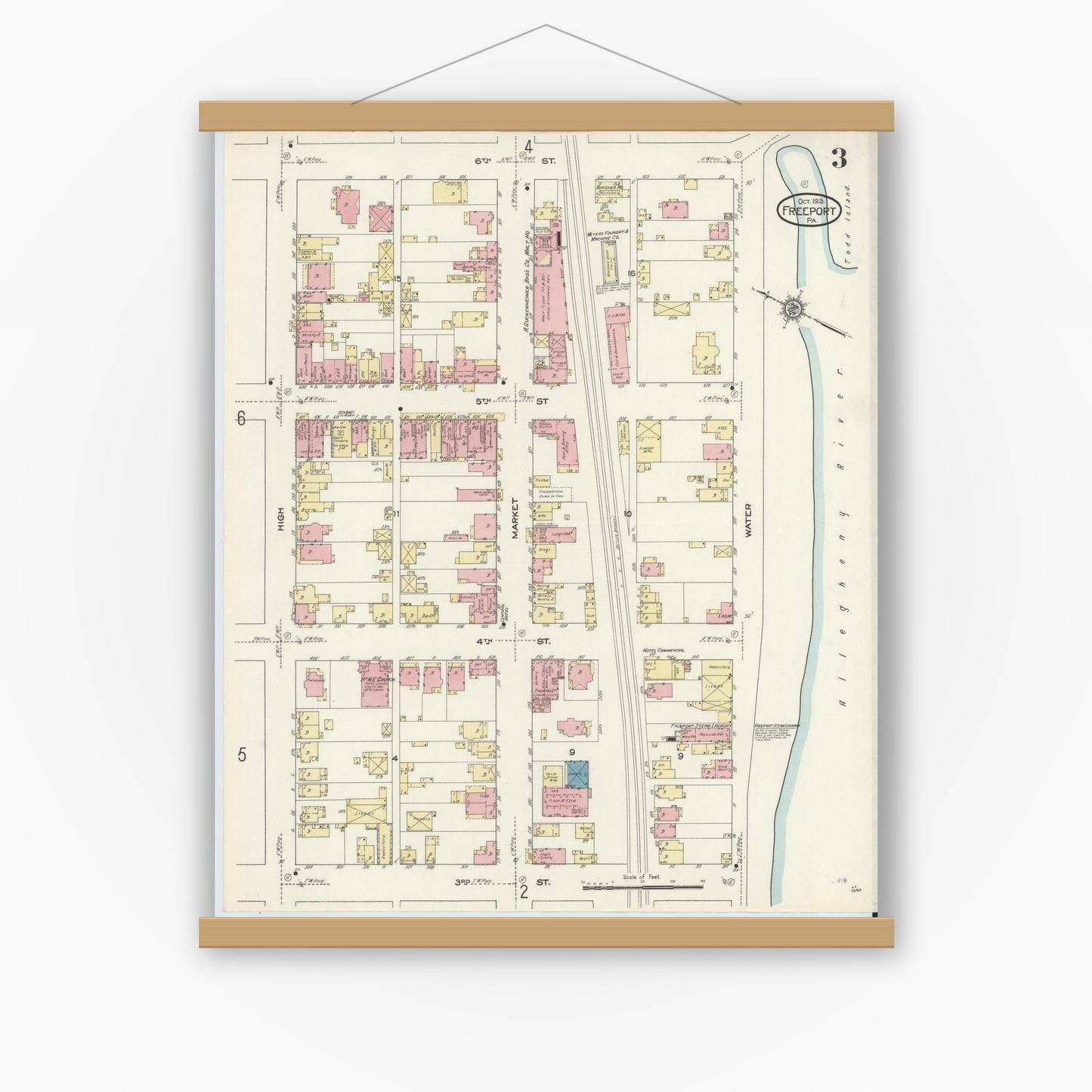 Old map wall art mockup — magnetic wood frame on white wall — Sanborn Fire Insurance Map from Freeport, Armstrong County, Pennsylvania (1913), Sheet #0003