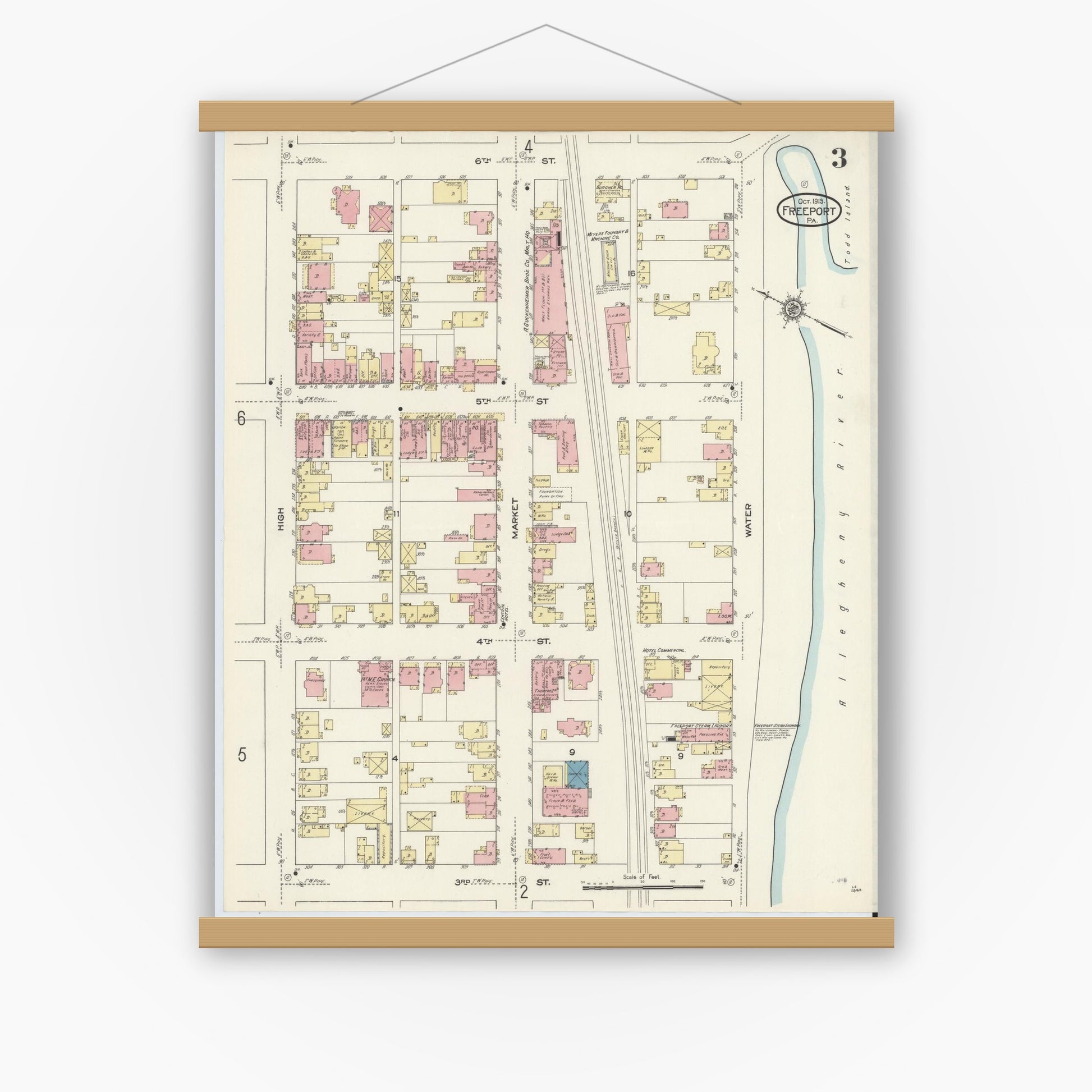 Old map wall art mockup — magnetic wood frame on white wall — Sanborn Fire Insurance Map from Freeport, Armstrong County, Pennsylvania (1913), Sheet #0003