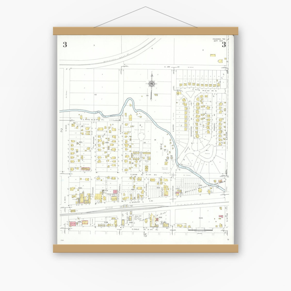 Old map wall art mockup — magnetic wood frame on white wall — Sanborn Fire Insurance Map from Pasadena, Harris County, Texas (1943), Sheet #0003