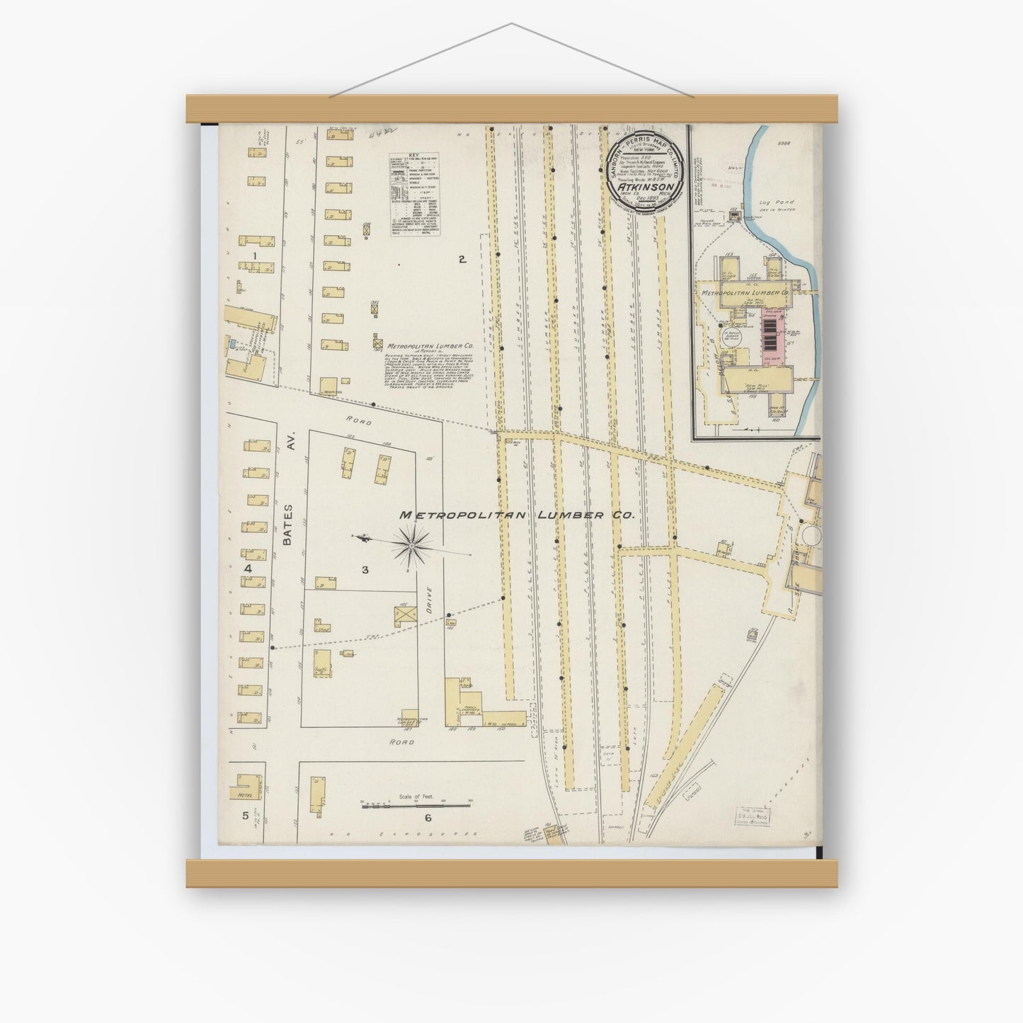 Old map wall art mockup — magnetic wood frame on white wall — Sanborn Fire Insurance Map from Atkinson, Iron County, Michigan (1893), Sheet #0001