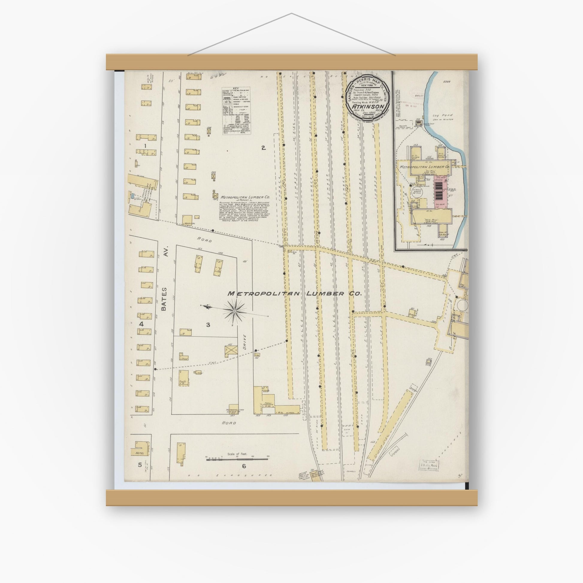 Old map wall art mockup — magnetic wood frame on white wall — Sanborn Fire Insurance Map from Atkinson, Iron County, Michigan (1893), Sheet #0001