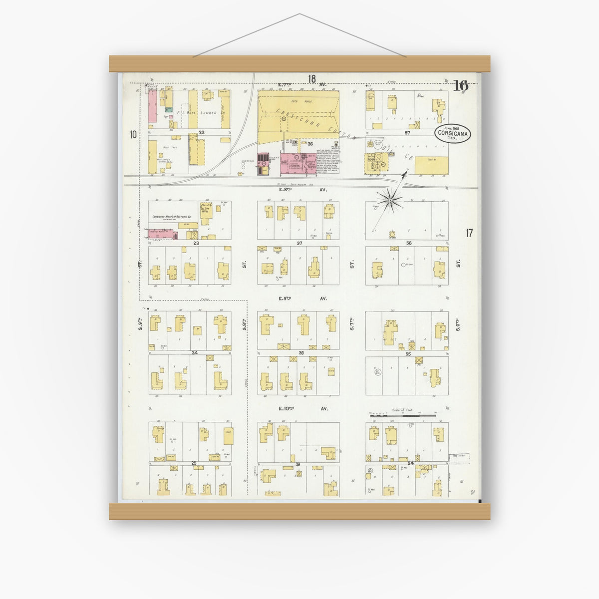 Old map wall art mockup — magnetic wood frame on white wall — Sanborn Fire Insurance Map from Corsicana, Navarro County, Texas (1905), Sheet #0016