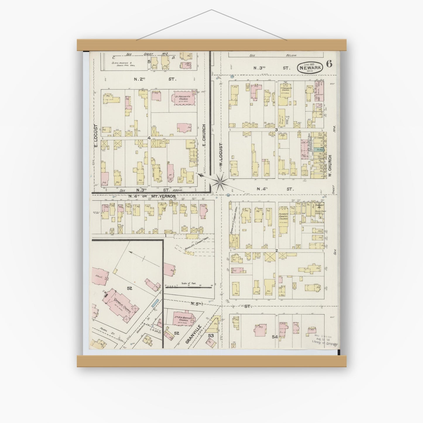 Old map wall art mockup — magnetic wood frame on white wall — Sanborn Fire Insurance Map from Newark, Licking County, Ohio (1889), Sheet #0006