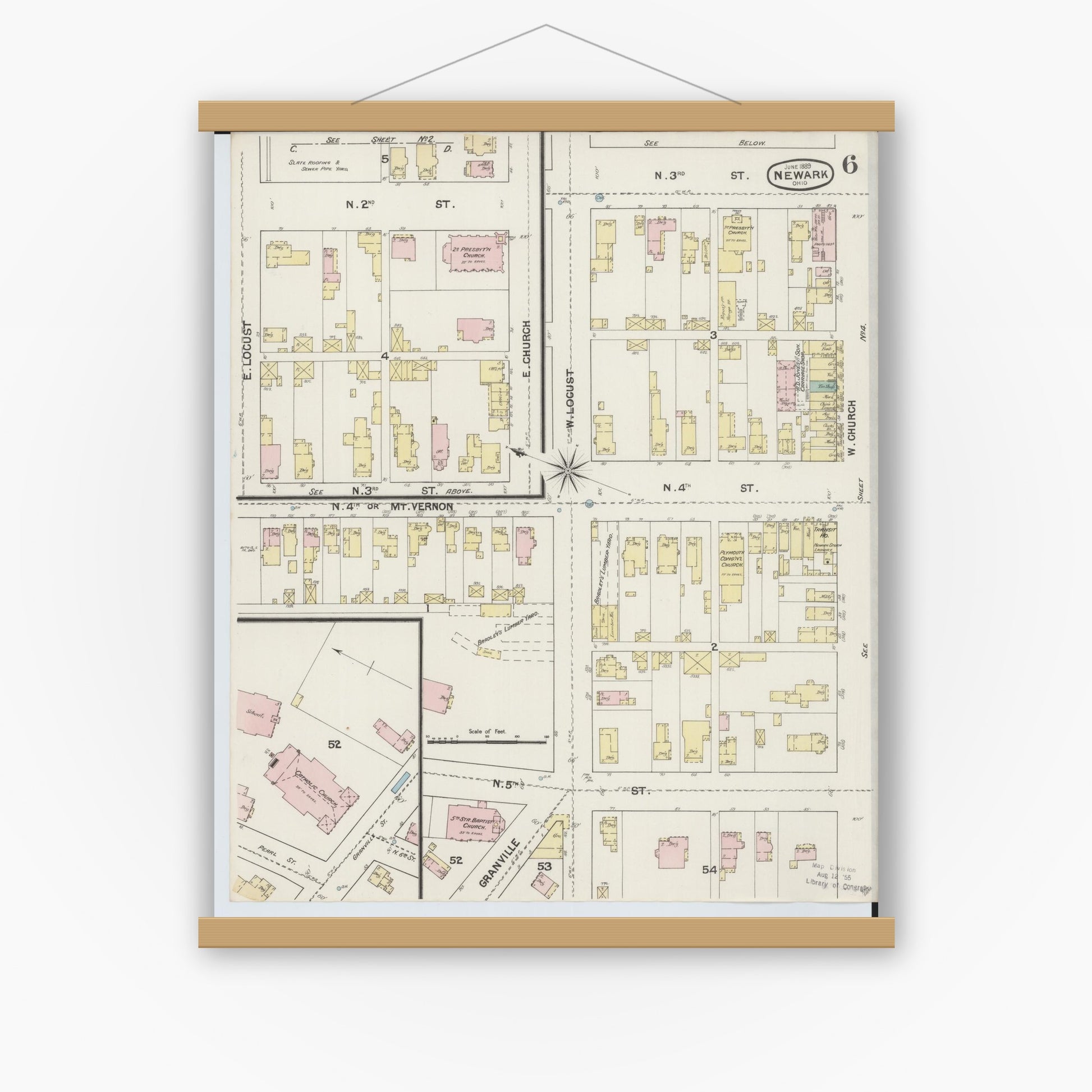 Old map wall art mockup — magnetic wood frame on white wall — Sanborn Fire Insurance Map from Newark, Licking County, Ohio (1889), Sheet #0006
