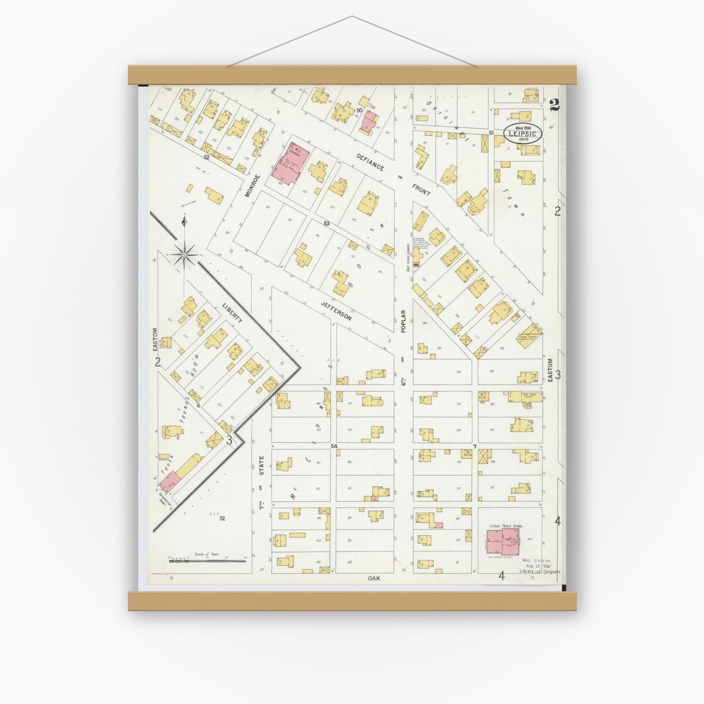 Old map wall art mockup — magnetic wood frame on white wall — Sanborn Fire Insurance Map from Leipsic, Putnam County, Ohio (1900), Sheet #0002