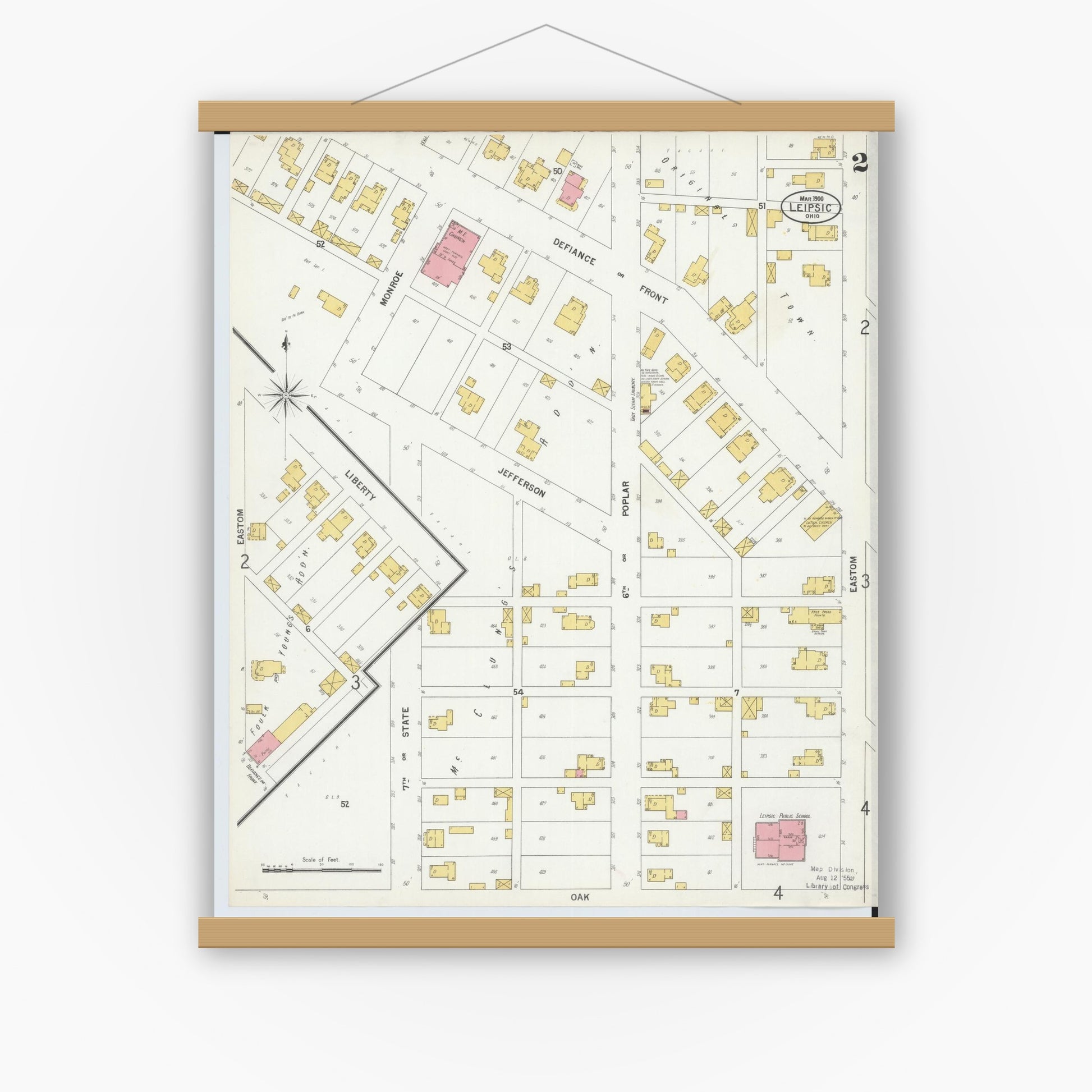 Old map wall art mockup — magnetic wood frame on white wall — Sanborn Fire Insurance Map from Leipsic, Putnam County, Ohio (1900), Sheet #0002