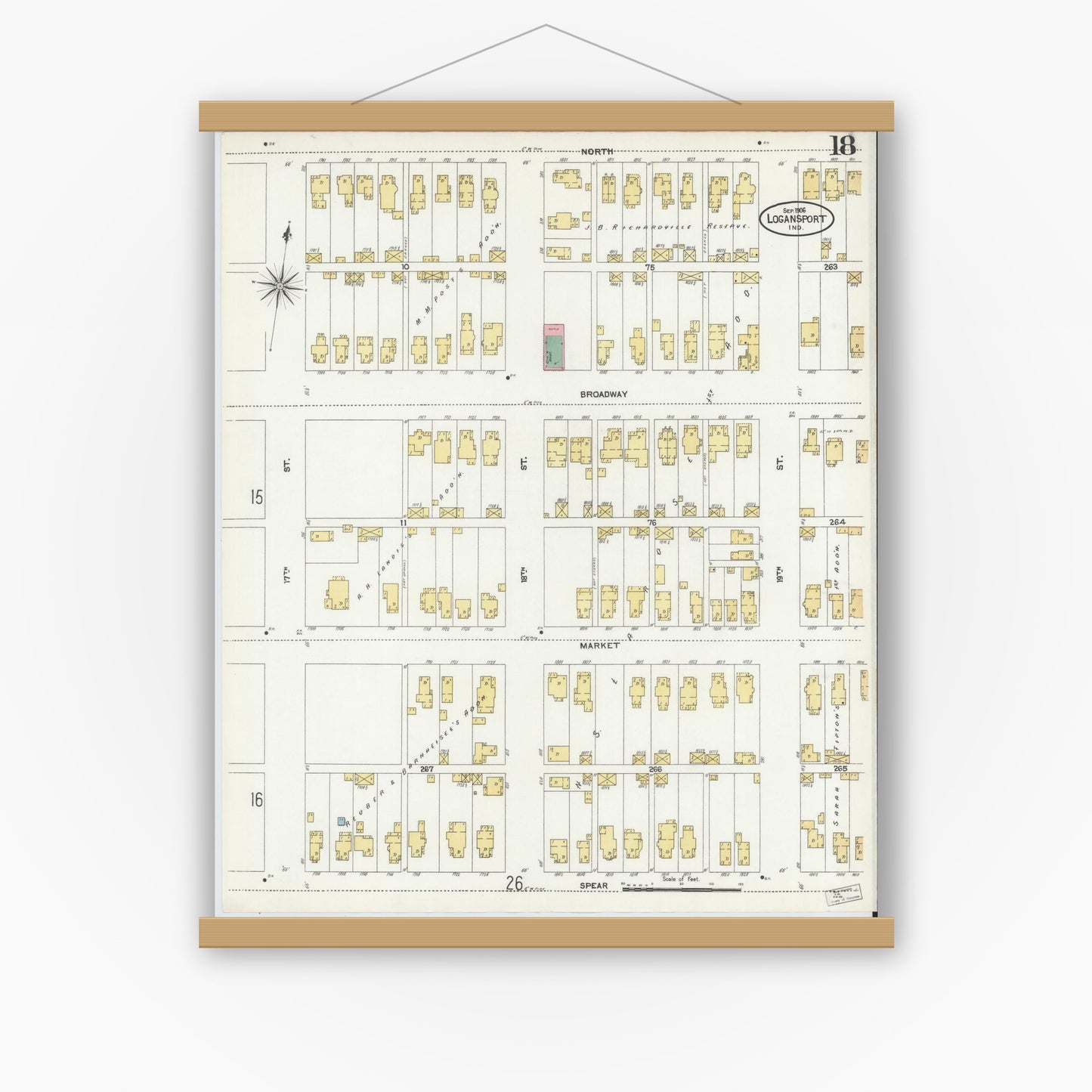 Old map wall art mockup — magnetic wood frame on white wall — Sanborn Fire Insurance Map from Logansport, Cass County, Indiana (1906), Sheet #0018