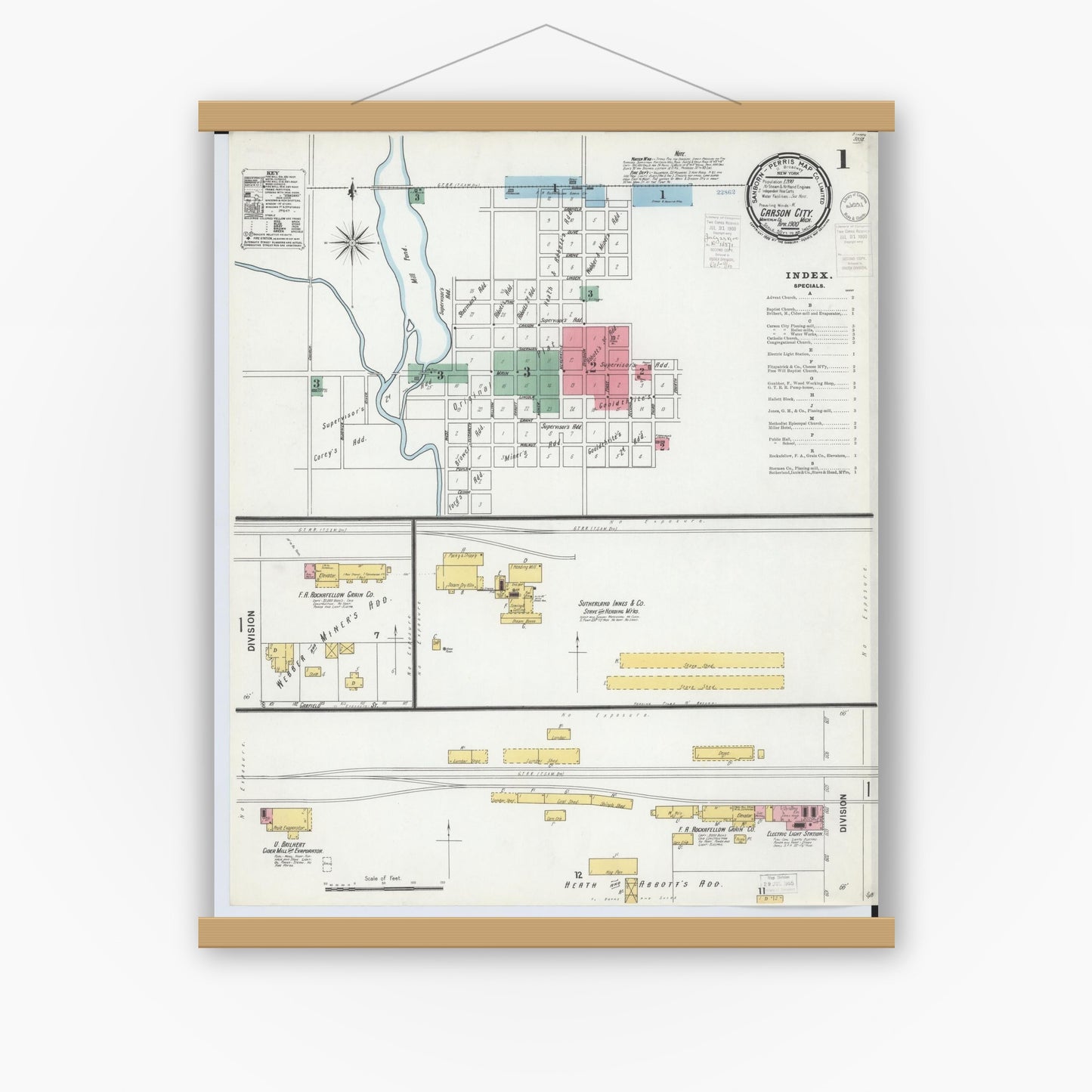 Old map wall art mockup — magnetic wood frame on white wall — Sanborn Fire Insurance Map from Carson City, Montcalm County, Michigan (1900) - Complete Map Set