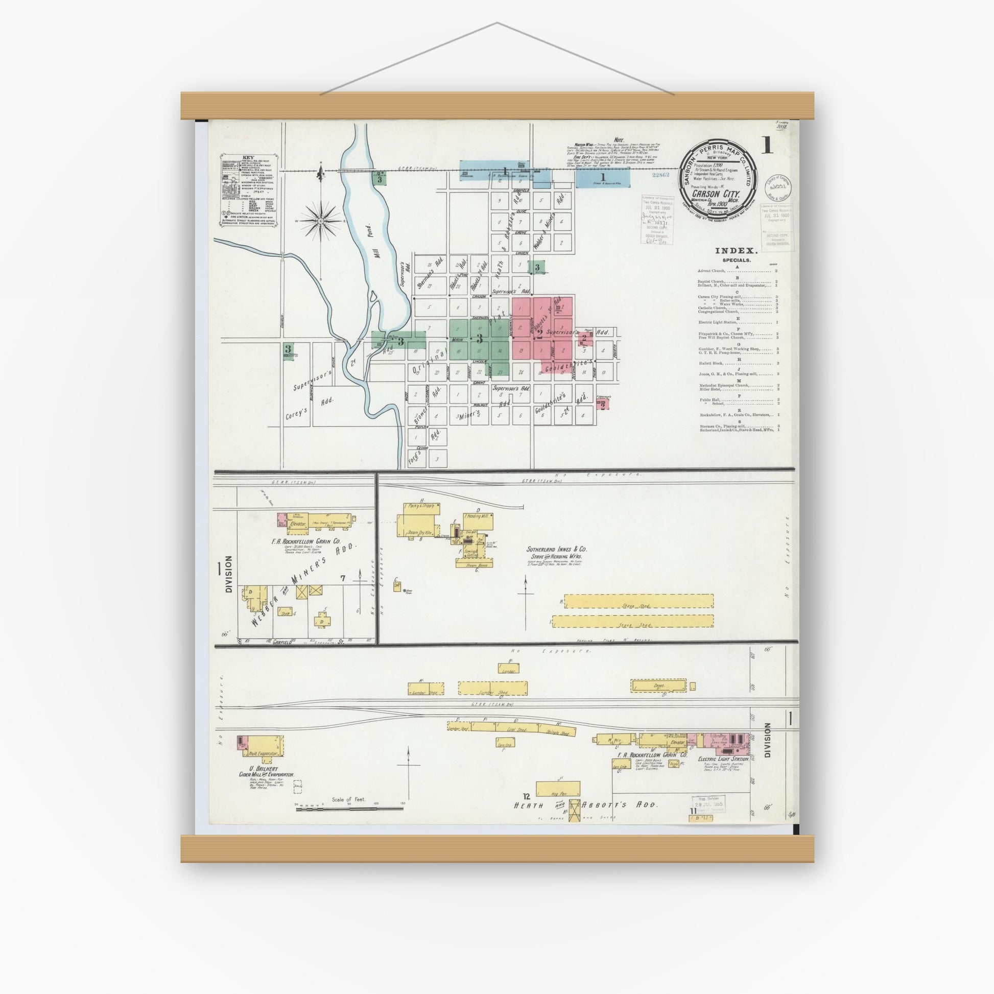 Old map wall art mockup — magnetic wood frame on white wall — Sanborn Fire Insurance Map from Carson City, Montcalm County, Michigan (1900) - Complete Map Set