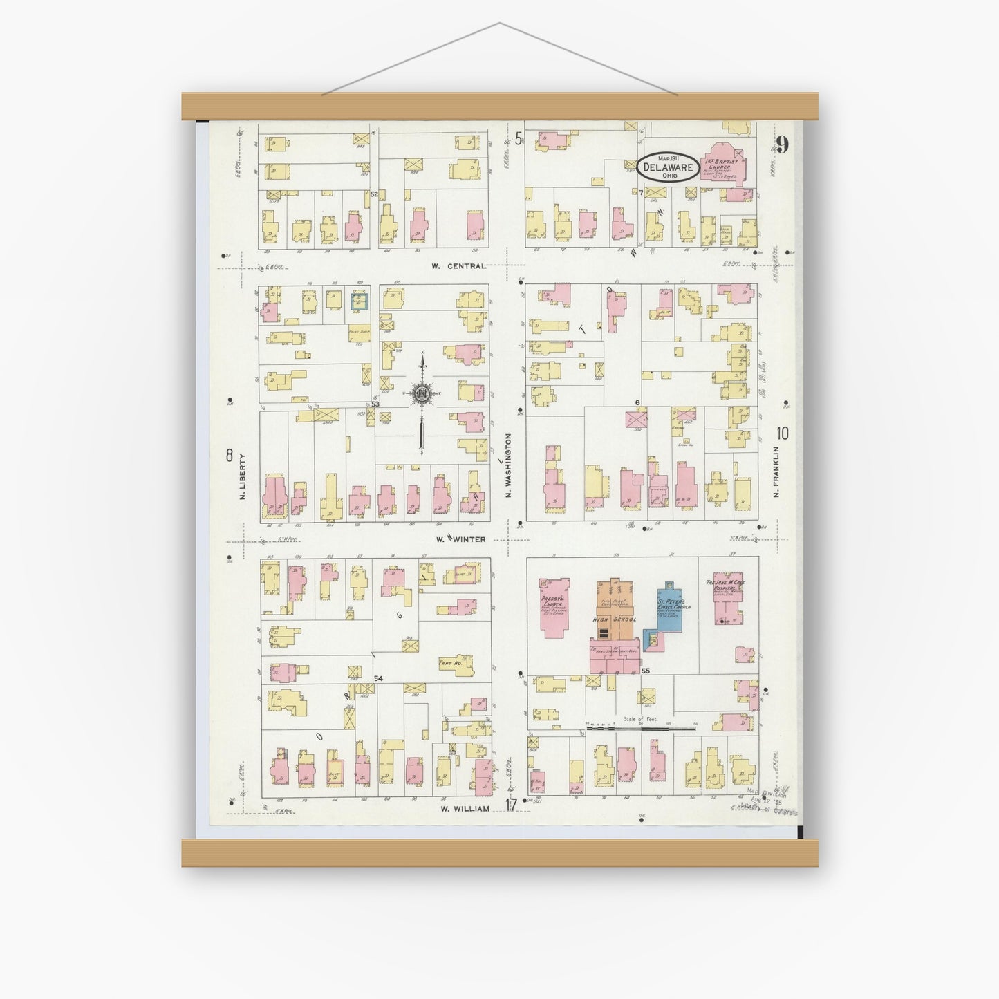 Old map wall art mockup — magnetic wood frame on white wall — Sanborn Fire Insurance Map from Delaware, Delaware County, Ohio (1911), Sheet #0009