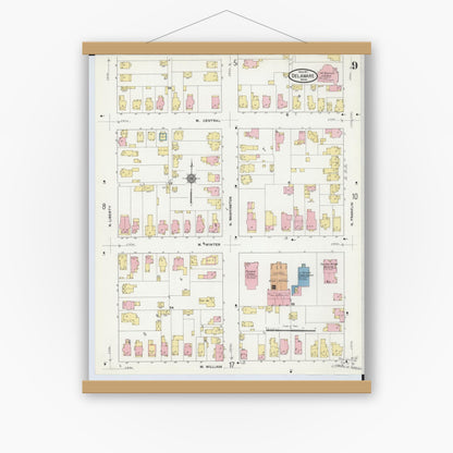 Old map wall art mockup — magnetic wood frame on white wall — Sanborn Fire Insurance Map from Delaware, Delaware County, Ohio (1911), Sheet #0009