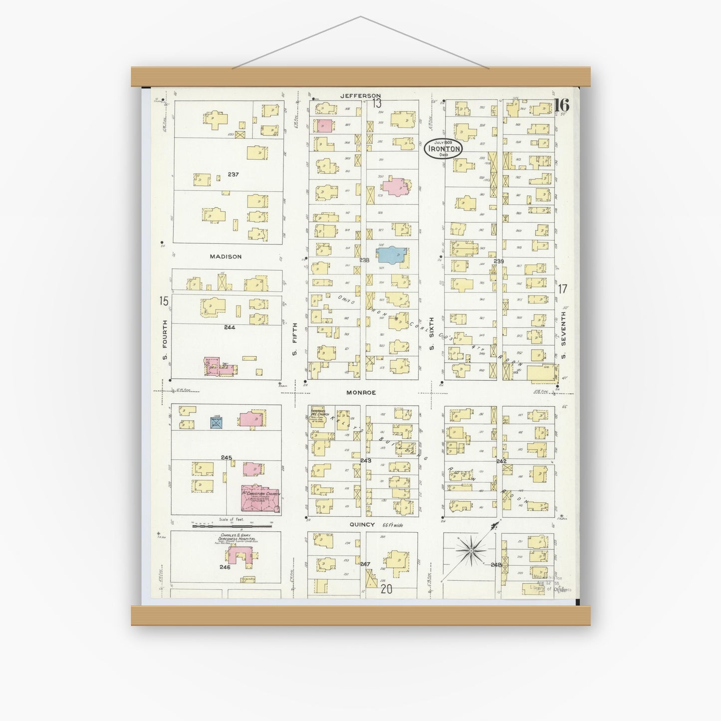 Old map wall art mockup — magnetic wood frame on white wall — Sanborn Fire Insurance Map from Ironton, Lawrence County, Ohio (1909), Sheet #0016