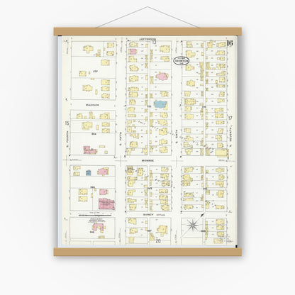 Old map wall art mockup — magnetic wood frame on white wall — Sanborn Fire Insurance Map from Ironton, Lawrence County, Ohio (1909), Sheet #0016