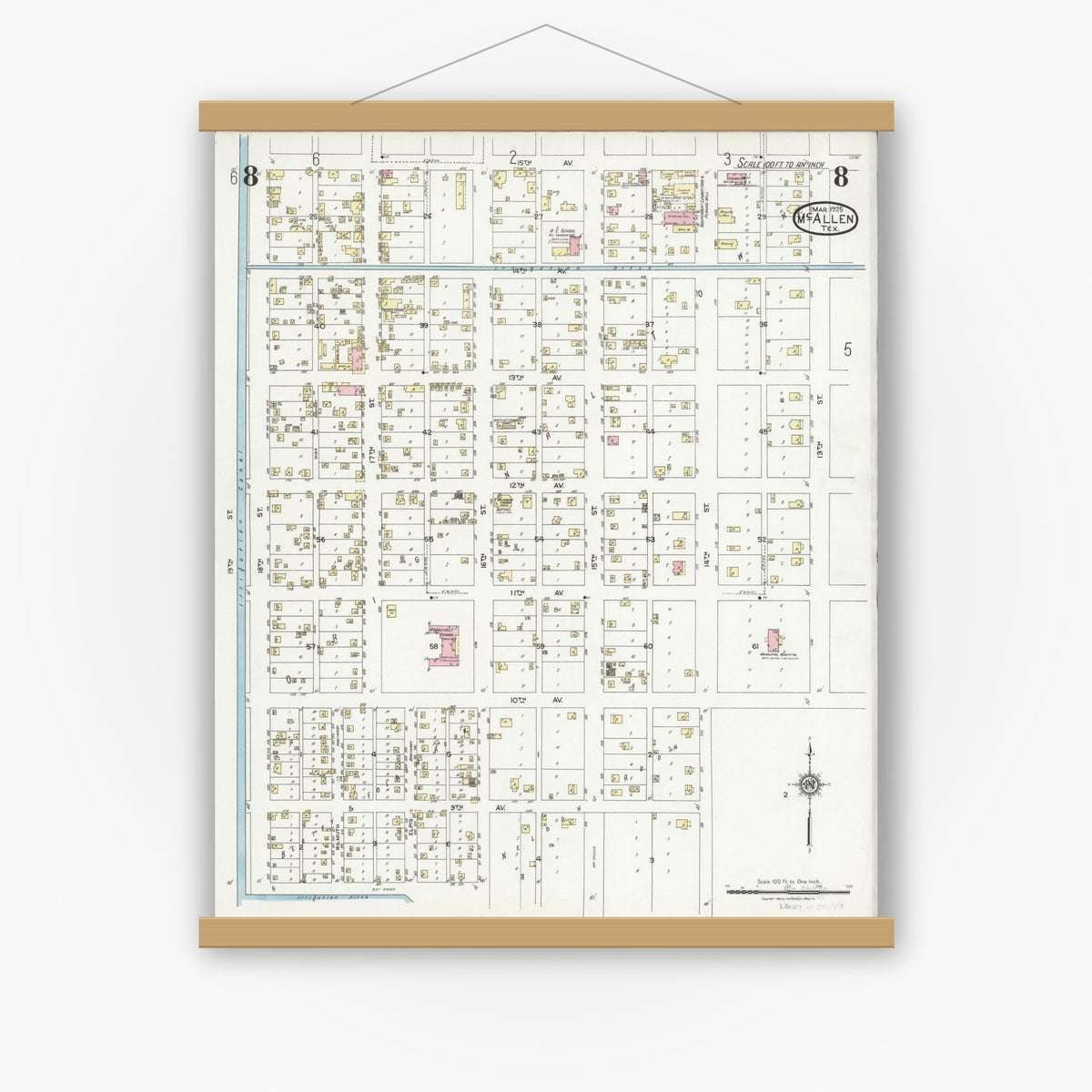 Old map wall art mockup — magnetic wood frame on white wall — Sanborn Fire Insurance Map from McAllen, Hidalgo County, Texas (1925), Sheet #0008