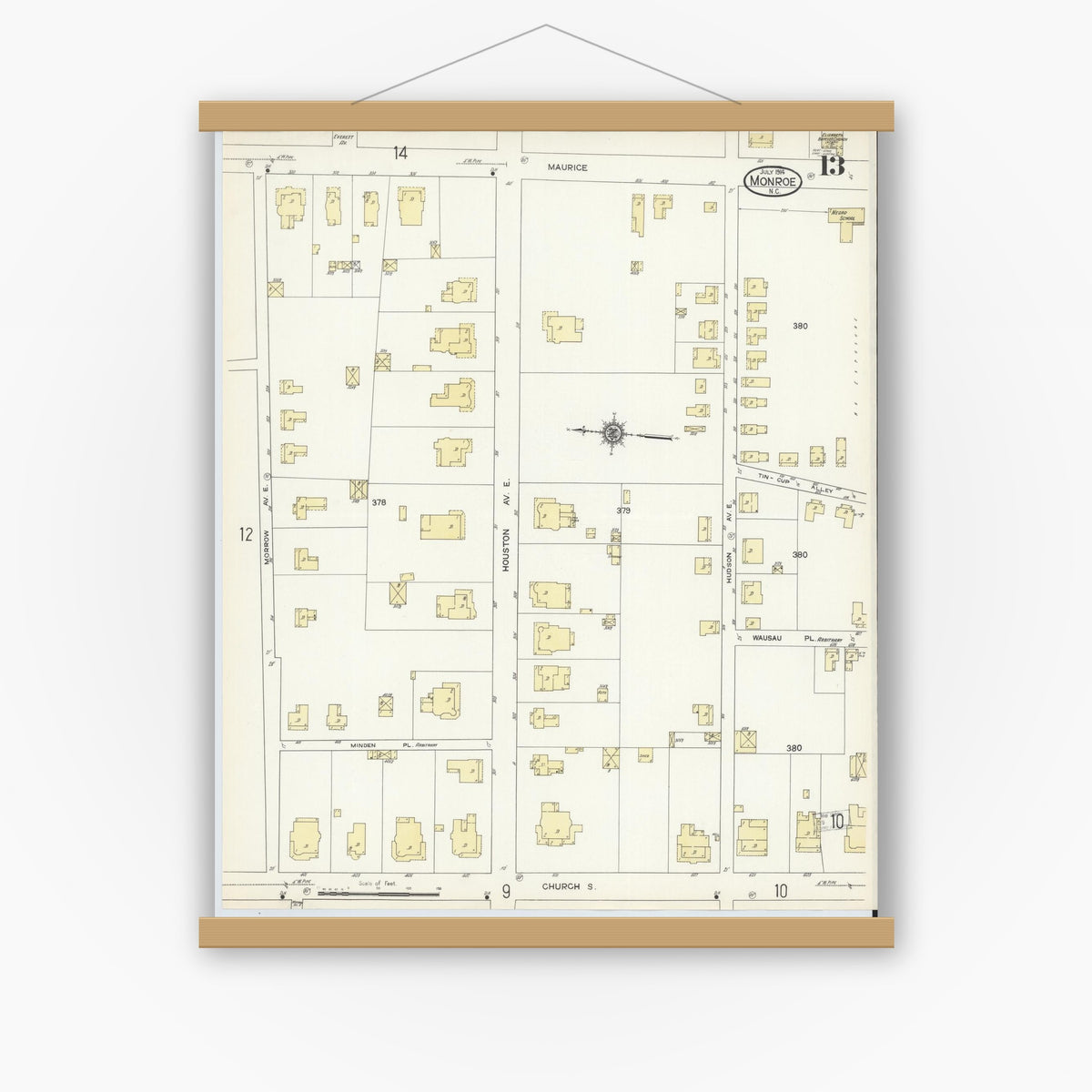 Old map wall art mockup — magnetic wood frame on white wall — Sanborn Fire Insurance Map from Monroe, Union County, North Carolina (1914), Sheet #0013
