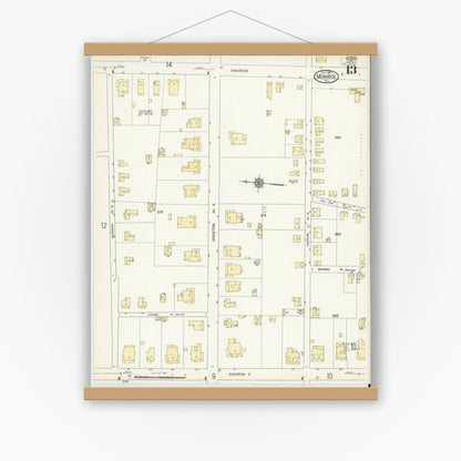 Old map wall art mockup — magnetic wood frame on white wall — Sanborn Fire Insurance Map from Monroe, Union County, North Carolina (1914), Sheet #0013