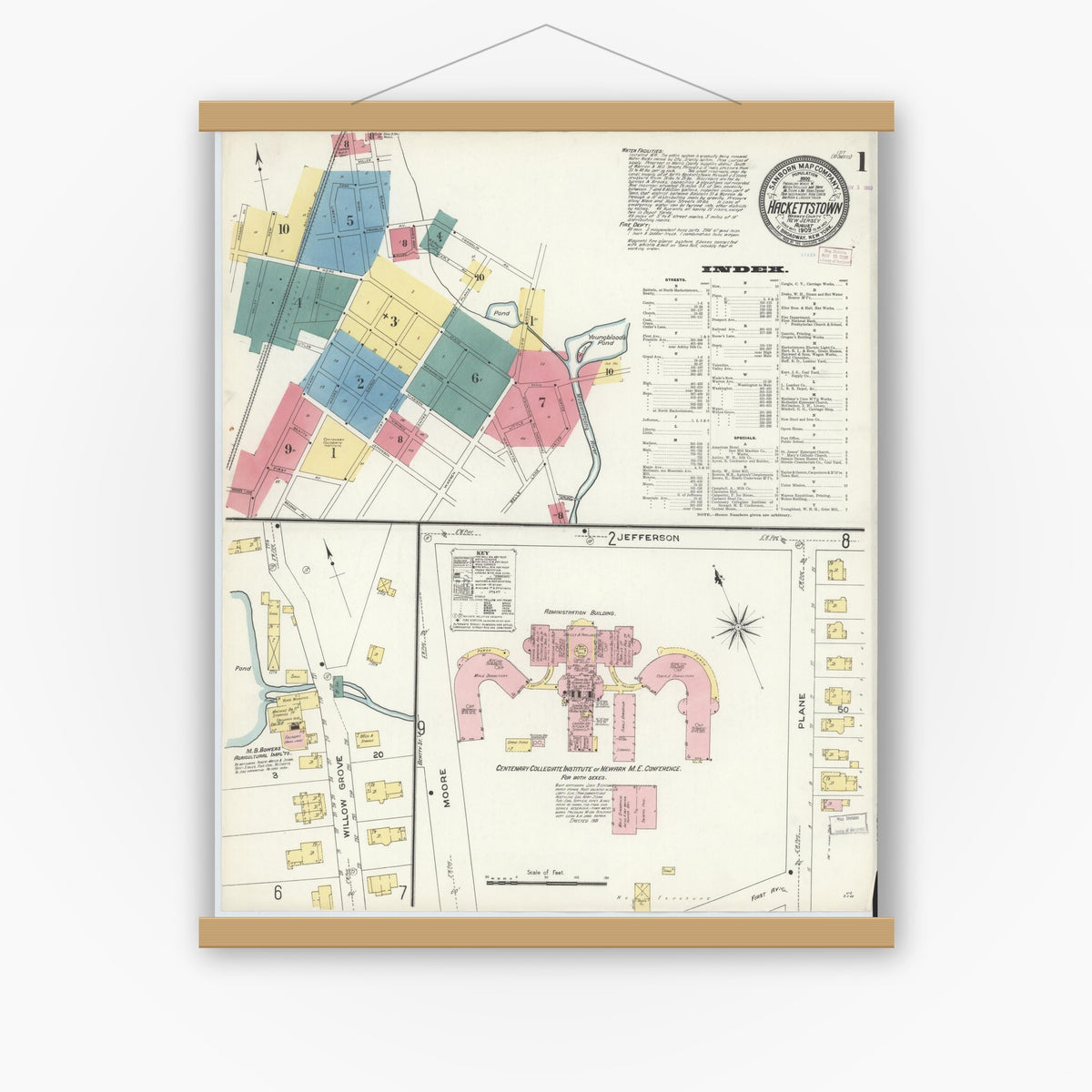 Old map wall art mockup — magnetic wood frame on white wall — Sanborn Fire Insurance Map from Hackettstown, Warren County, New Jersey (1909) - Complete Map Set