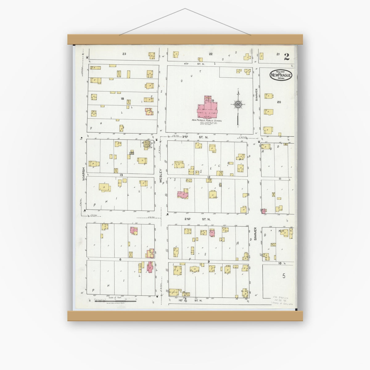 Old map wall art mockup — magnetic wood frame on white wall — Sanborn Fire Insurance Map from New Prague, Scott And Le Sueur, Minnesota (1919), Sheet #0002