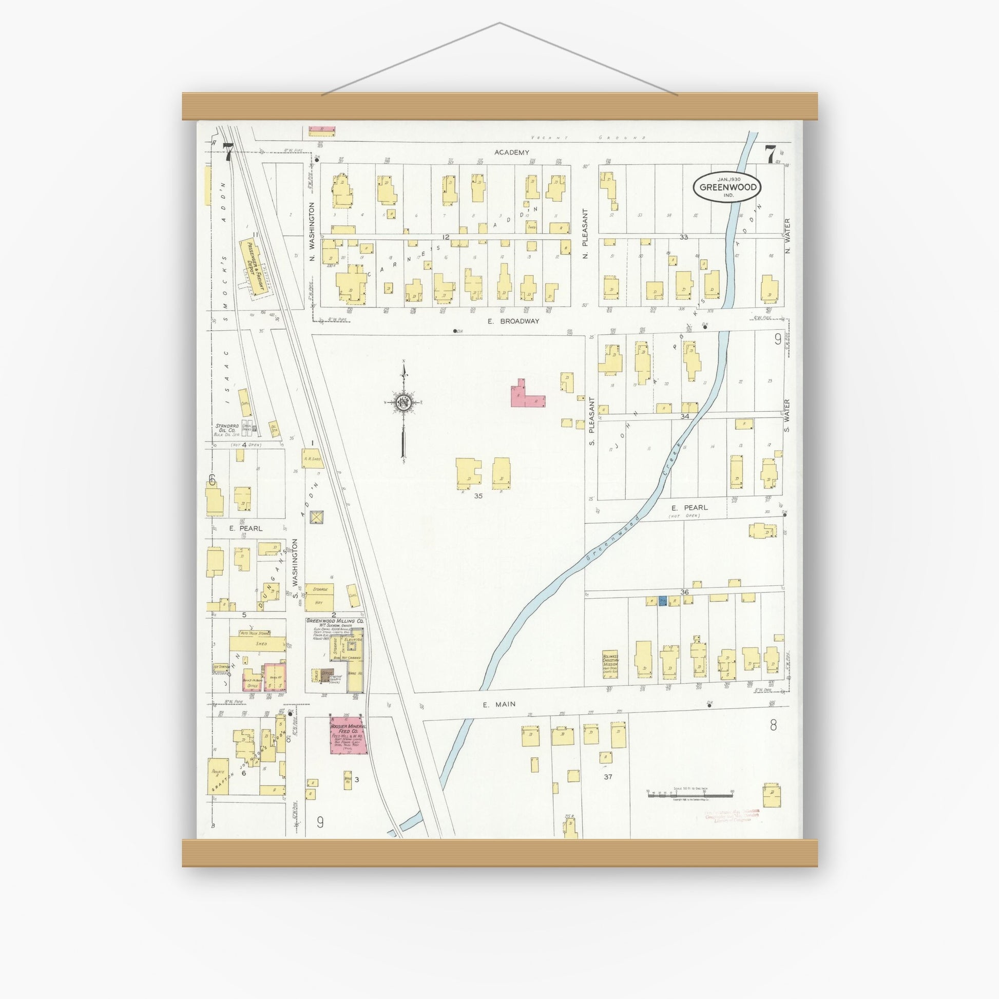 Old map wall art mockup — magnetic wood frame on white wall — Sanborn Fire Insurance Map from Greenwood, Johnson County, Indiana (1930), Sheet #0007