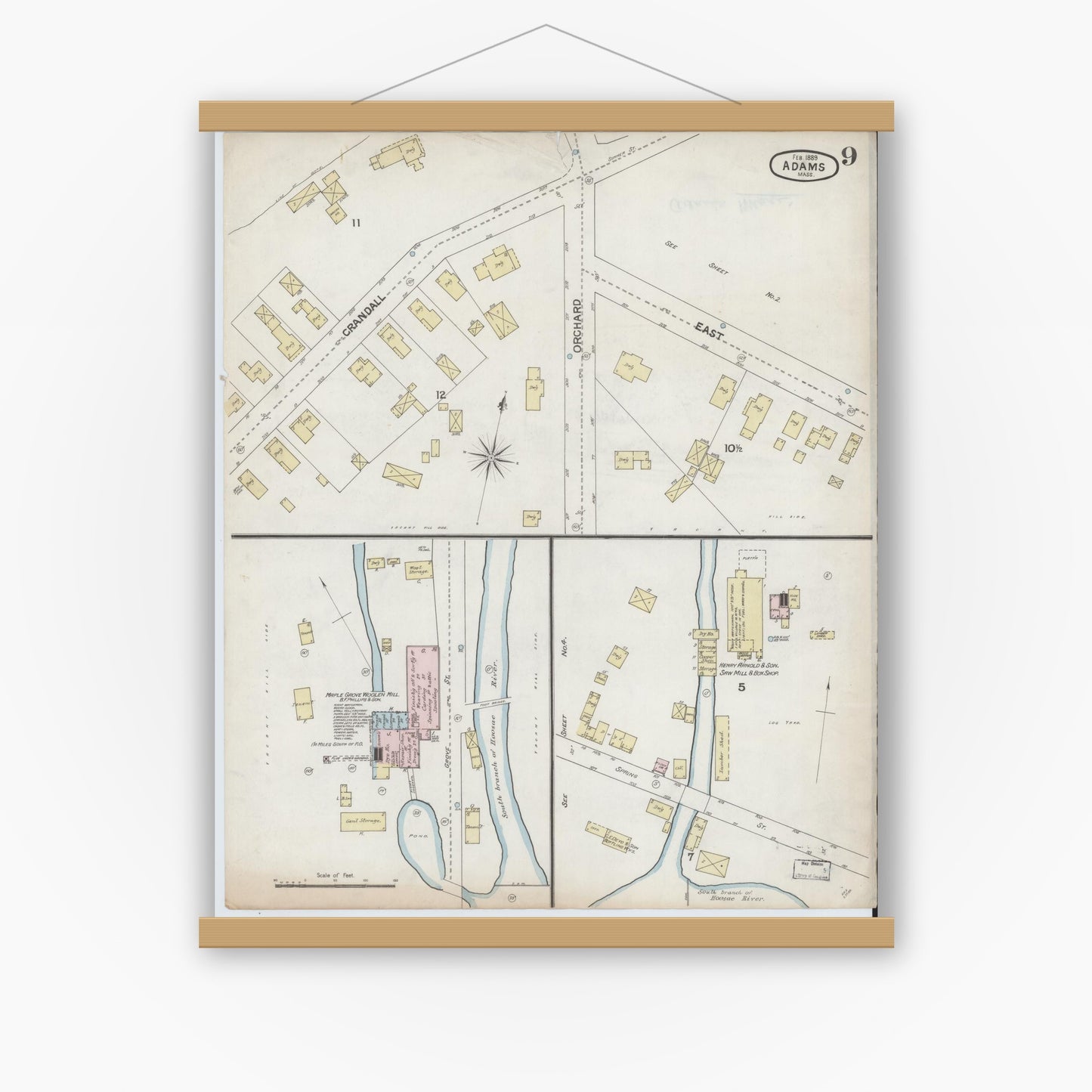 Old map wall art mockup — magnetic wood frame on white wall — Sanborn Fire Insurance Map from Adams, Berkshire County, Massachusetts (1889), Sheet #0009