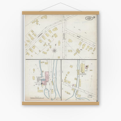 Old map wall art mockup — magnetic wood frame on white wall — Sanborn Fire Insurance Map from Adams, Berkshire County, Massachusetts (1889), Sheet #0009