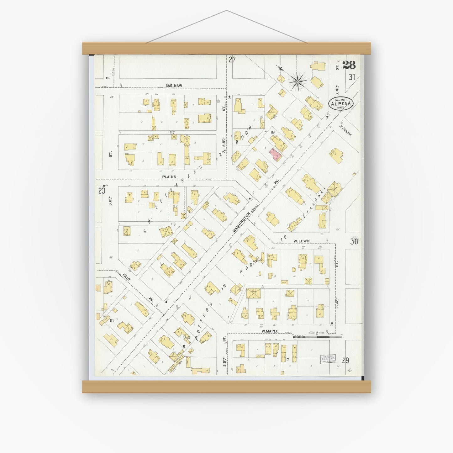 Old map wall art mockup — magnetic wood frame on white wall — Sanborn Fire Insurance Map from Alpena, Alpena County, Michigan (1901), Sheet #0028