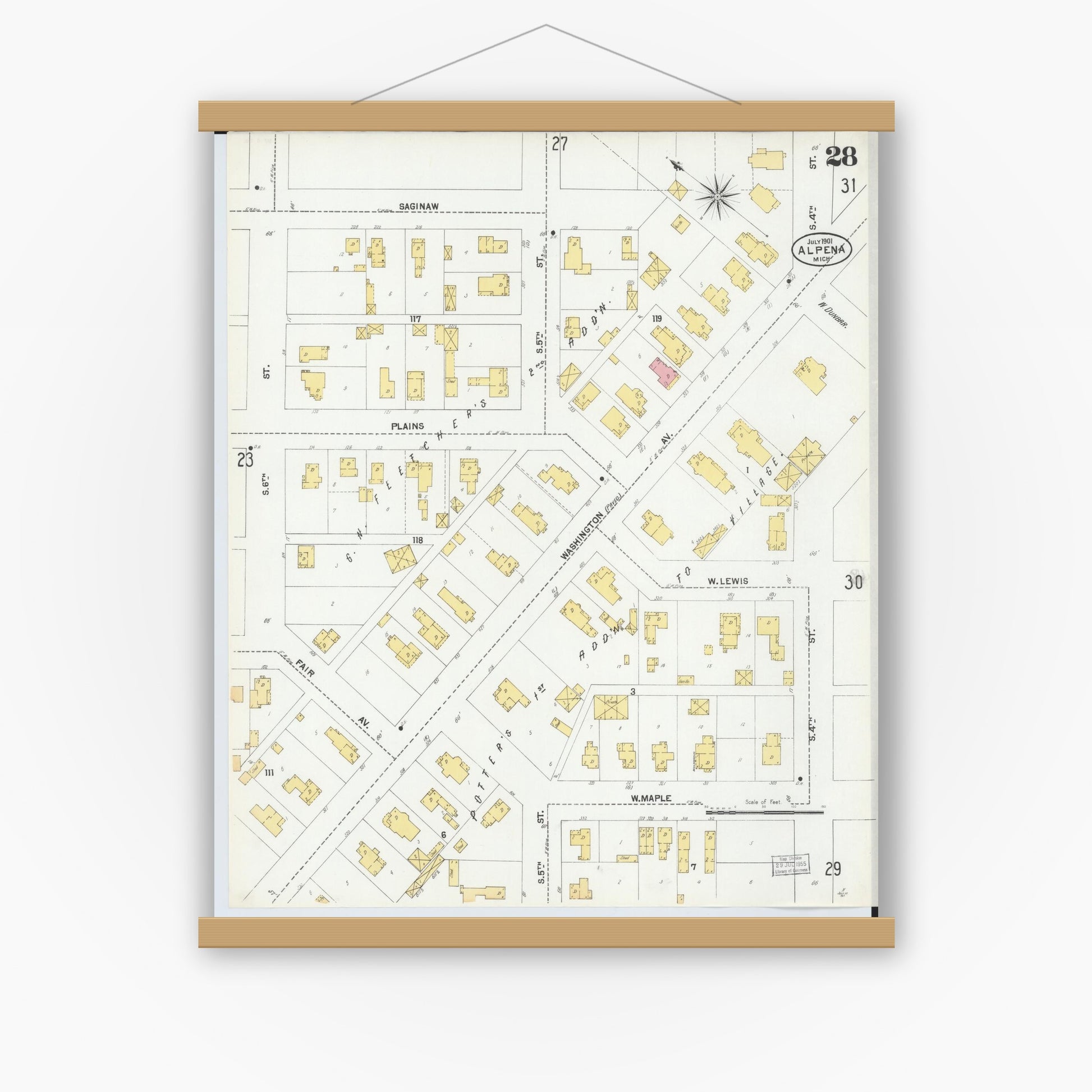 Old map wall art mockup — magnetic wood frame on white wall — Sanborn Fire Insurance Map from Alpena, Alpena County, Michigan (1901), Sheet #0028
