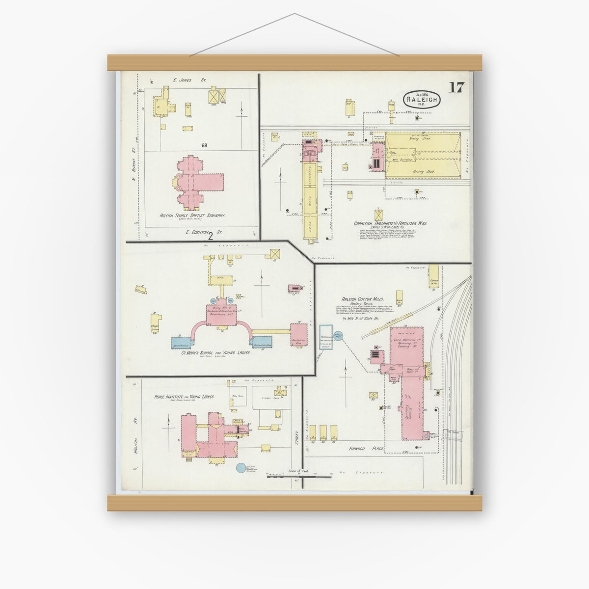 Old map wall art mockup — magnetic wood frame on white wall — Sanborn Fire Insurance Map from Raleigh, Wake County, North Carolina (1896), Sheet #0017