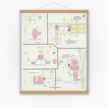 Old map wall art mockup — magnetic wood frame on white wall — Sanborn Fire Insurance Map from Raleigh, Wake County, North Carolina (1896), Sheet #0017