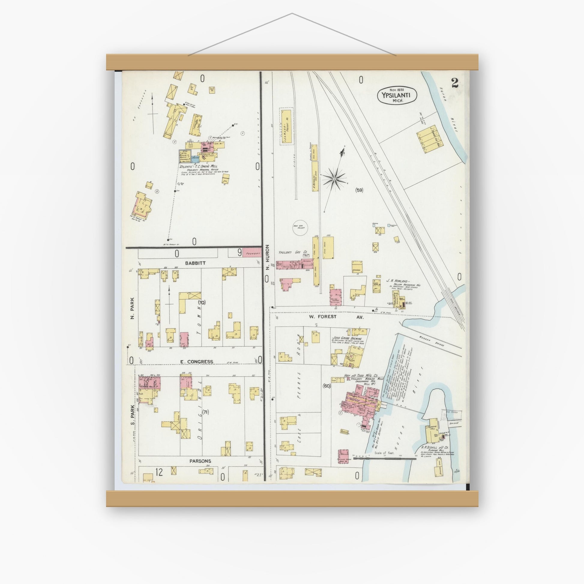 Old map wall art mockup — magnetic wood frame on white wall — Sanborn Fire Insurance Map from Ypsilanti, Washtenaw County, Michigan (1899), Sheet #0002