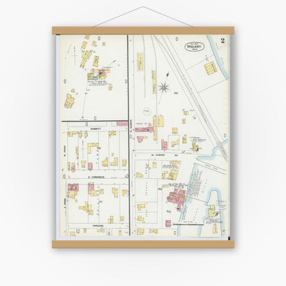 Old map wall art mockup — magnetic wood frame on white wall — Sanborn Fire Insurance Map from Ypsilanti, Washtenaw County, Michigan (1899), Sheet #0002