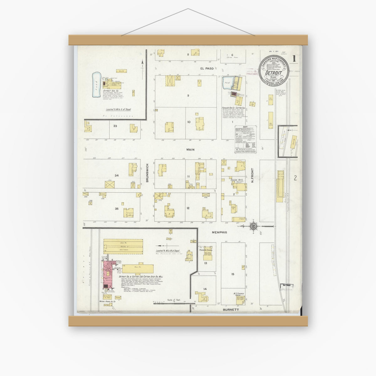 Old map wall art mockup — magnetic wood frame on white wall — Sanborn Fire Insurance Map from Detroit, Red River County, Texas (1911) - Complete Map Set