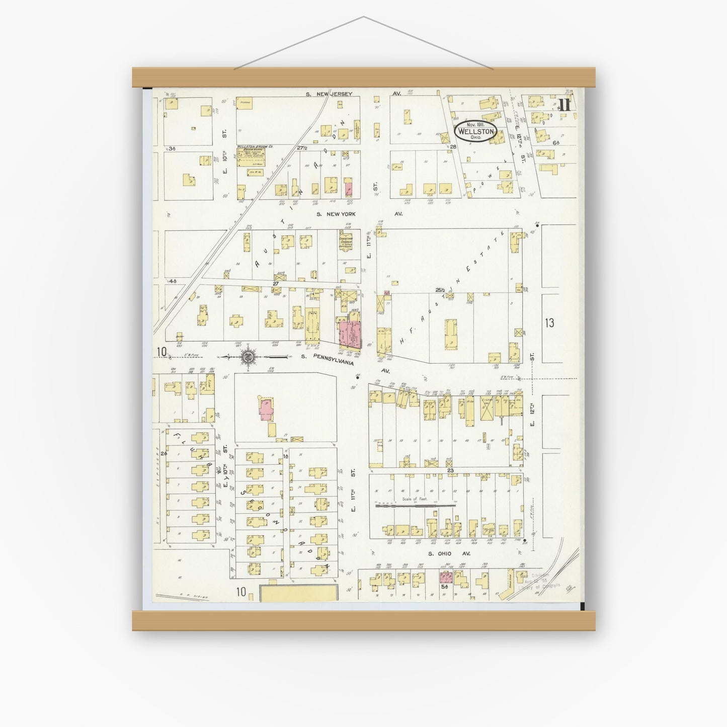 Old map wall art mockup — magnetic wood frame on white wall — Sanborn Fire Insurance Map from Wellston, Jackson County, Ohio (1911), Sheet #0011