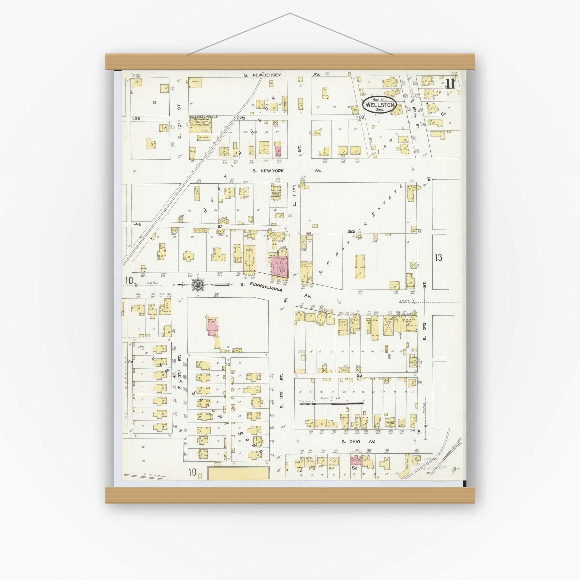 Old map wall art mockup — magnetic wood frame on white wall — Sanborn Fire Insurance Map from Wellston, Jackson County, Ohio (1911), Sheet #0011