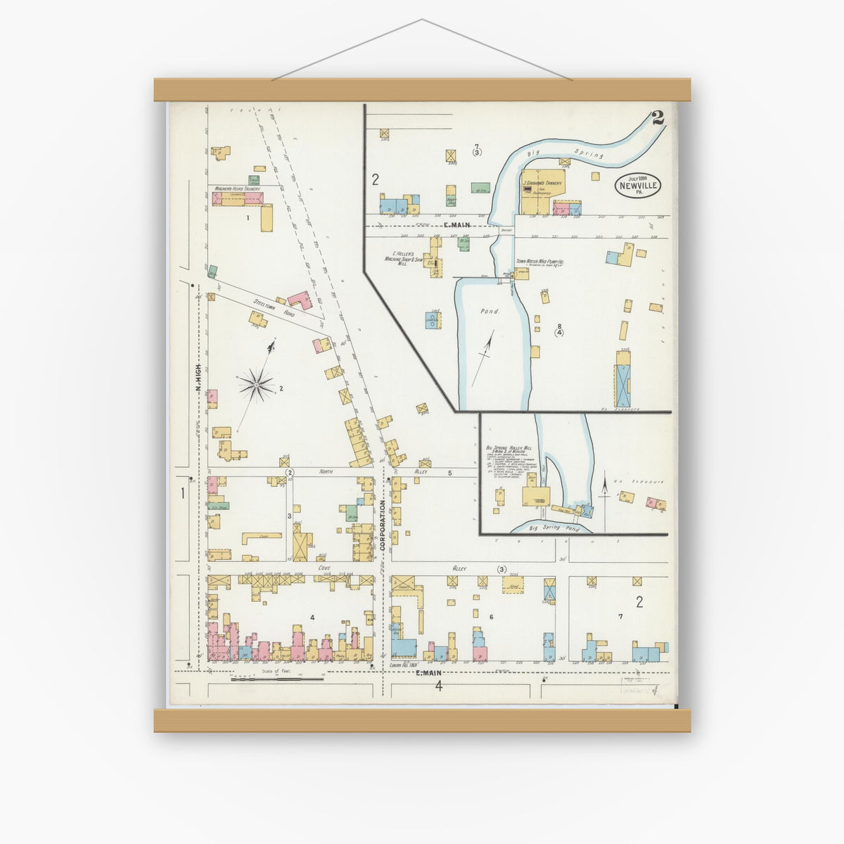 Old map wall art mockup — magnetic wood frame on white wall — Sanborn Fire Insurance Map from Newville, Cumberland County, Pennsylvania (1899), Sheet #0002