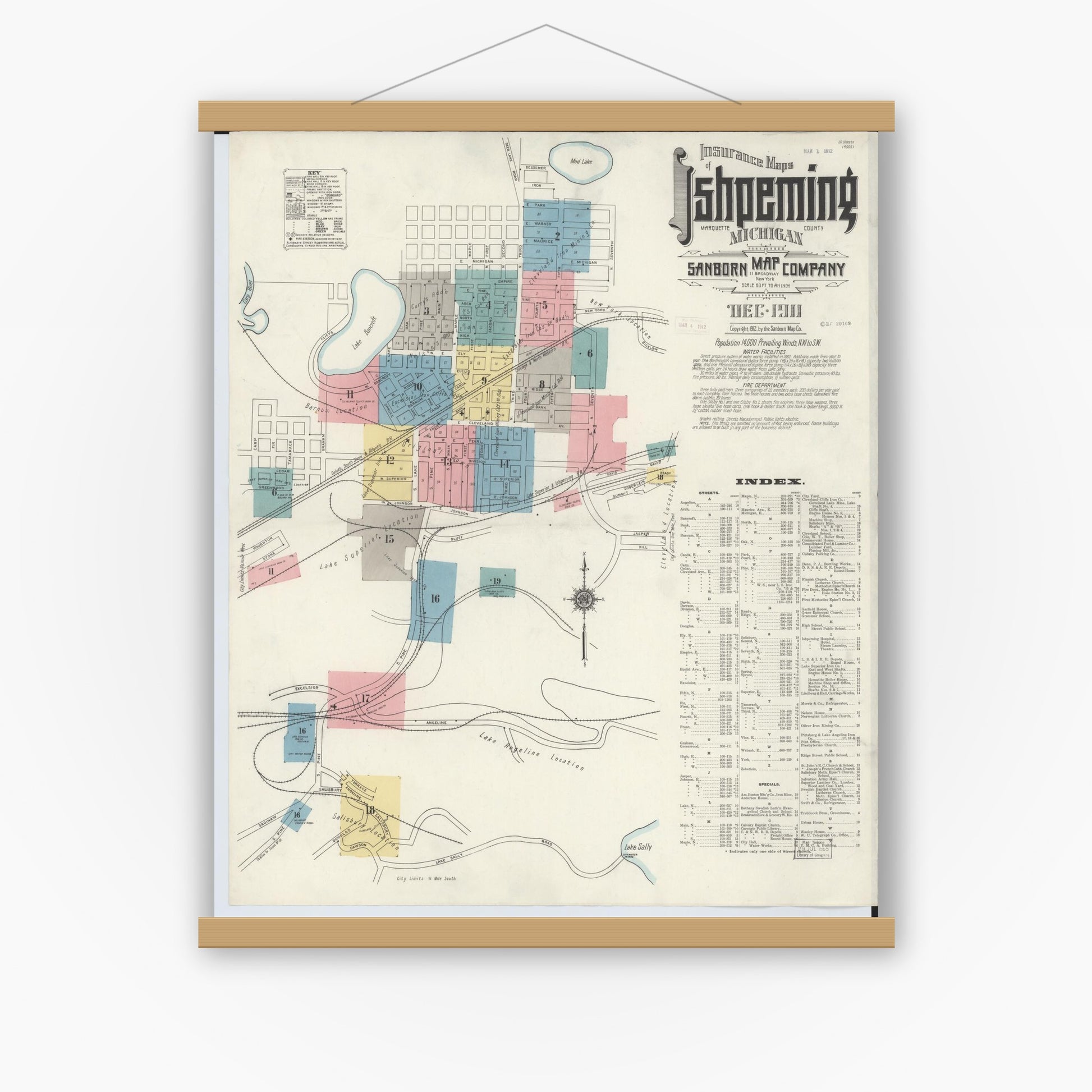 Old map wall art mockup — magnetic wood frame on white wall — Sanborn Fire Insurance Map from Ishpeming, Marquette County, Michigan (1911) - Complete Map Set
