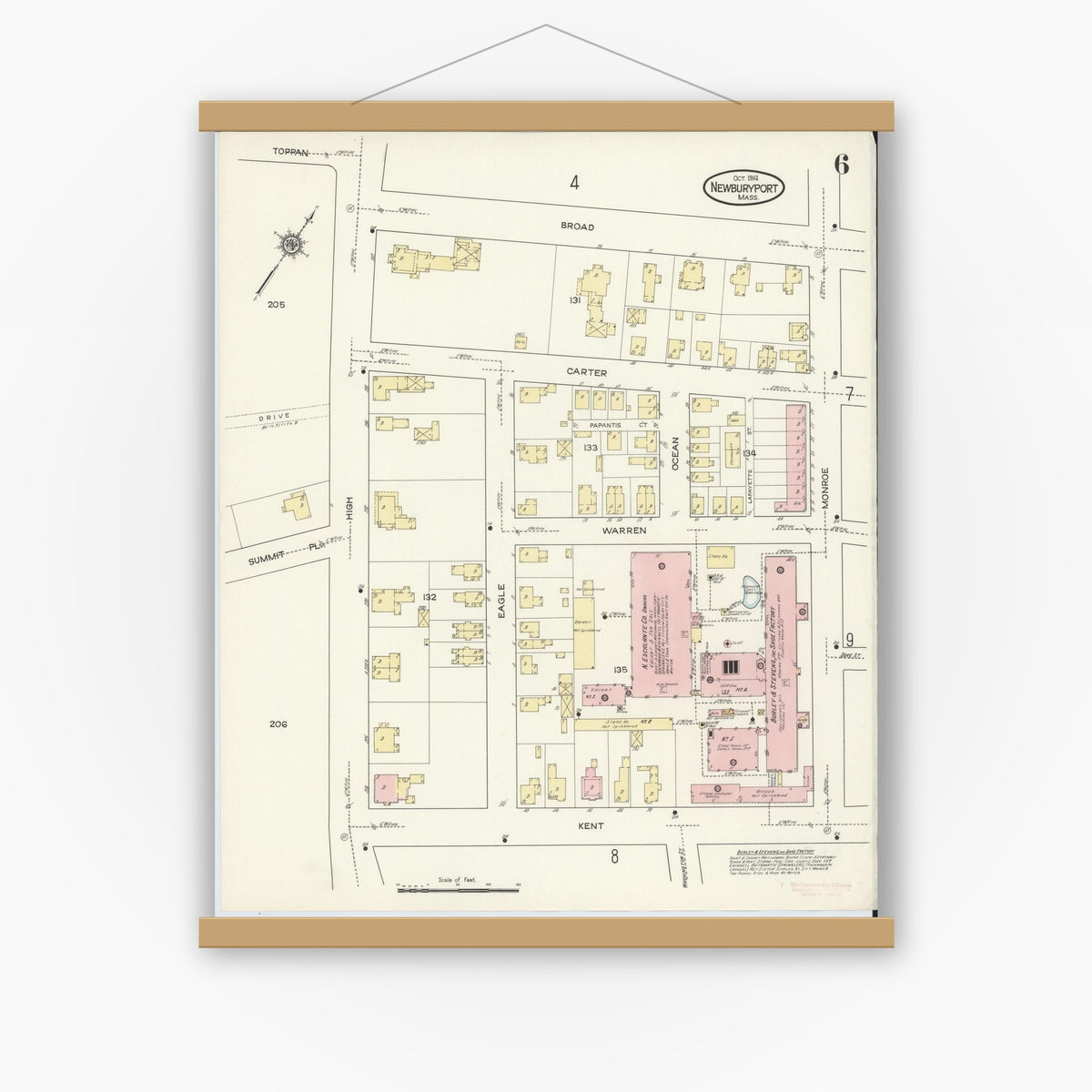 Old map wall art mockup — magnetic wood frame on white wall — Sanborn Fire Insurance Map from Newburyport, Essex County, Massachusetts (1914), Sheet #0006