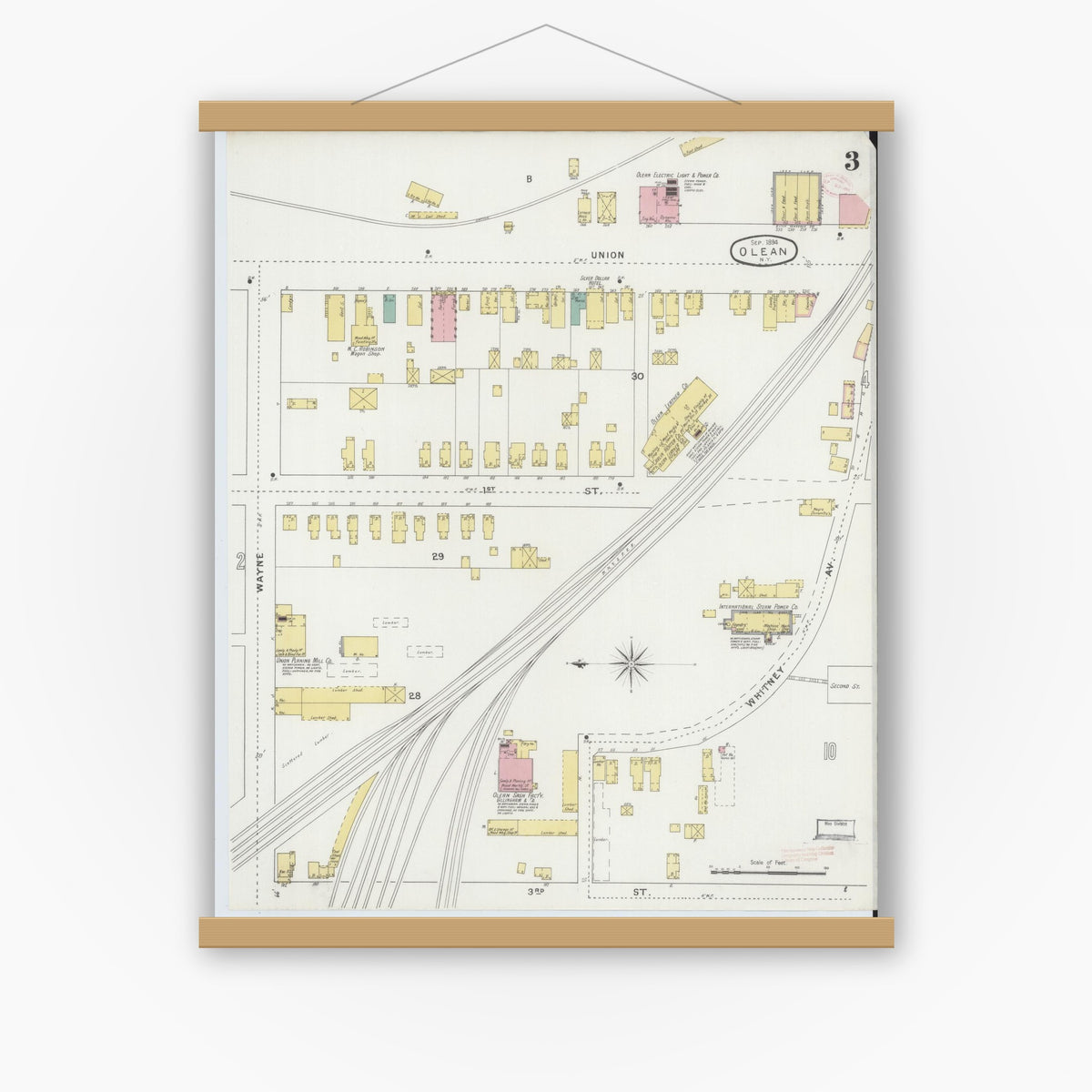 Old map wall art mockup — magnetic wood frame on white wall — Sanborn Fire Insurance Map from Olean, Cattaraugus County, New York (1894), Sheet #0003