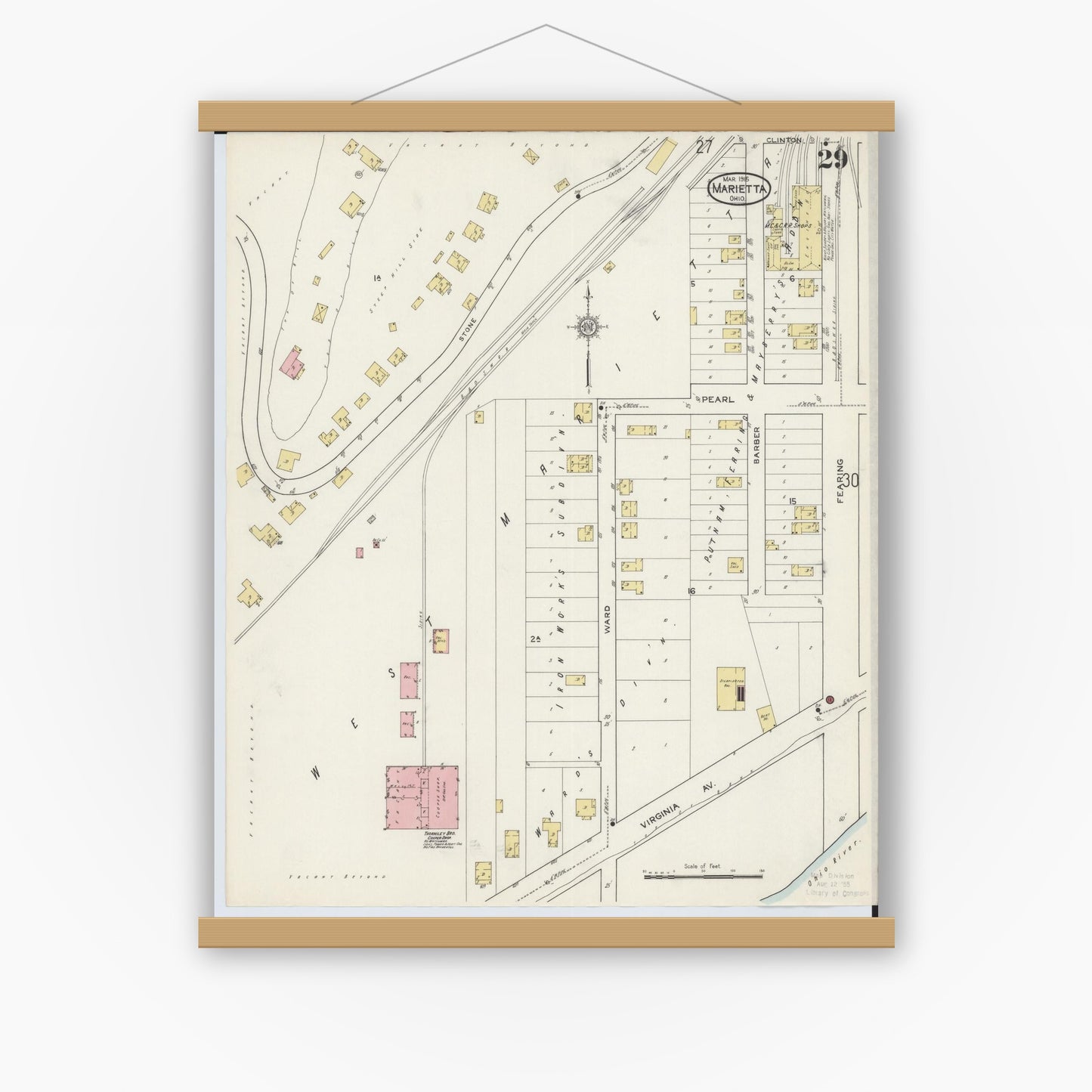 Old map wall art mockup — magnetic wood frame on white wall — Sanborn Fire Insurance Map from Marietta, Washington County, Ohio (1915), Sheet #0029