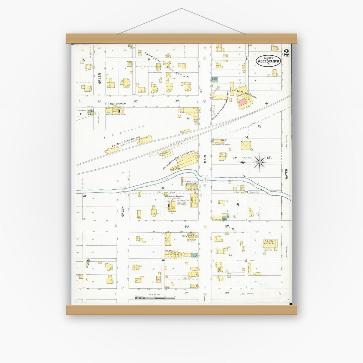 Old map wall art mockup — magnetic wood frame on white wall — Sanborn Fire Insurance Map from West Branch, Cedar County, Iowa (1900), Sheet #0002