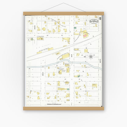 Old map wall art mockup — magnetic wood frame on white wall — Sanborn Fire Insurance Map from West Branch, Cedar County, Iowa (1900), Sheet #0002
